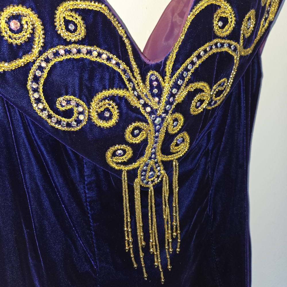 Vintage Mike Benet Backless Purple Velvet Dress with Gold Beaded Accents - Picture 2 of 6